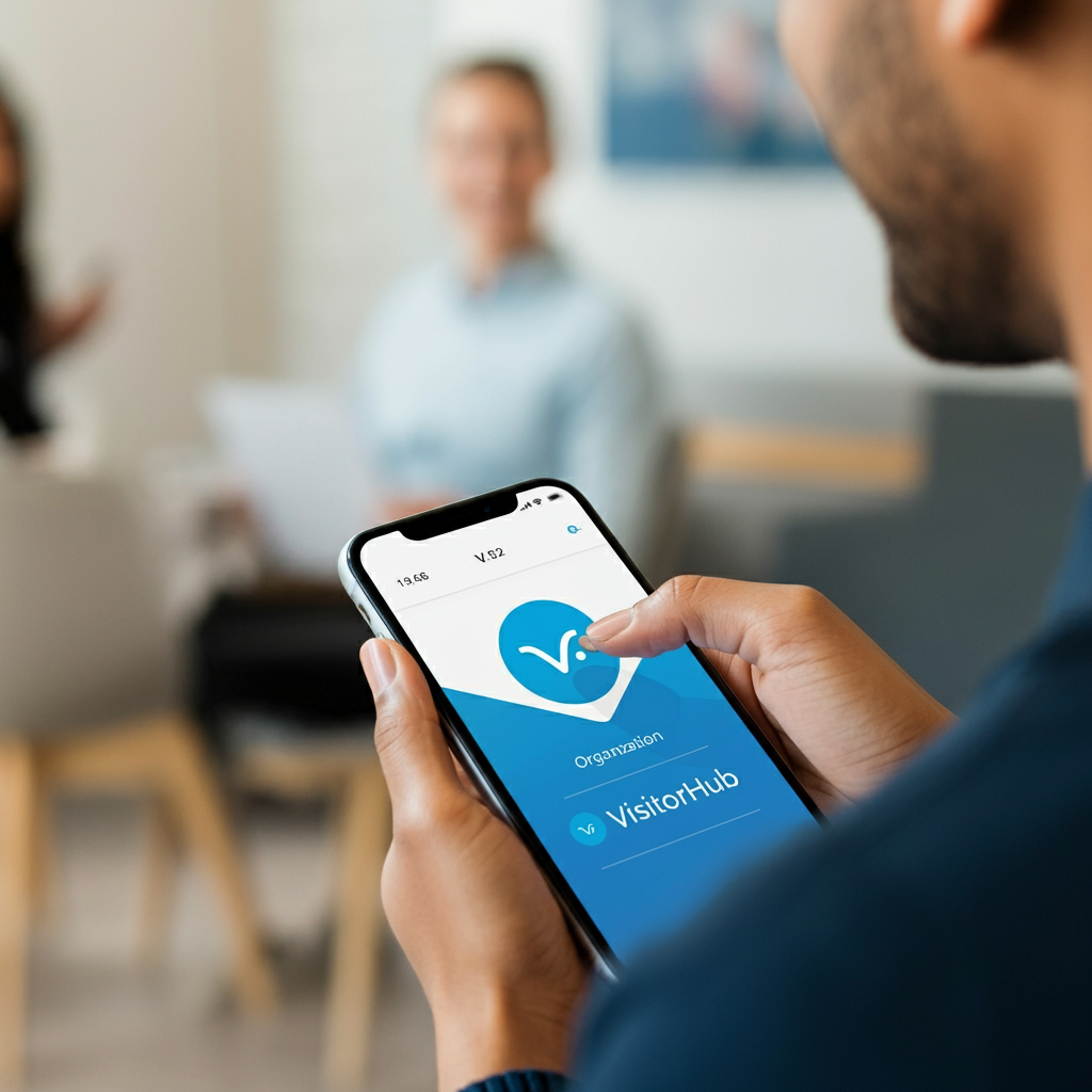 Image depicting a seamless visitor check-in experience using the VisitorHub App on a smart device.